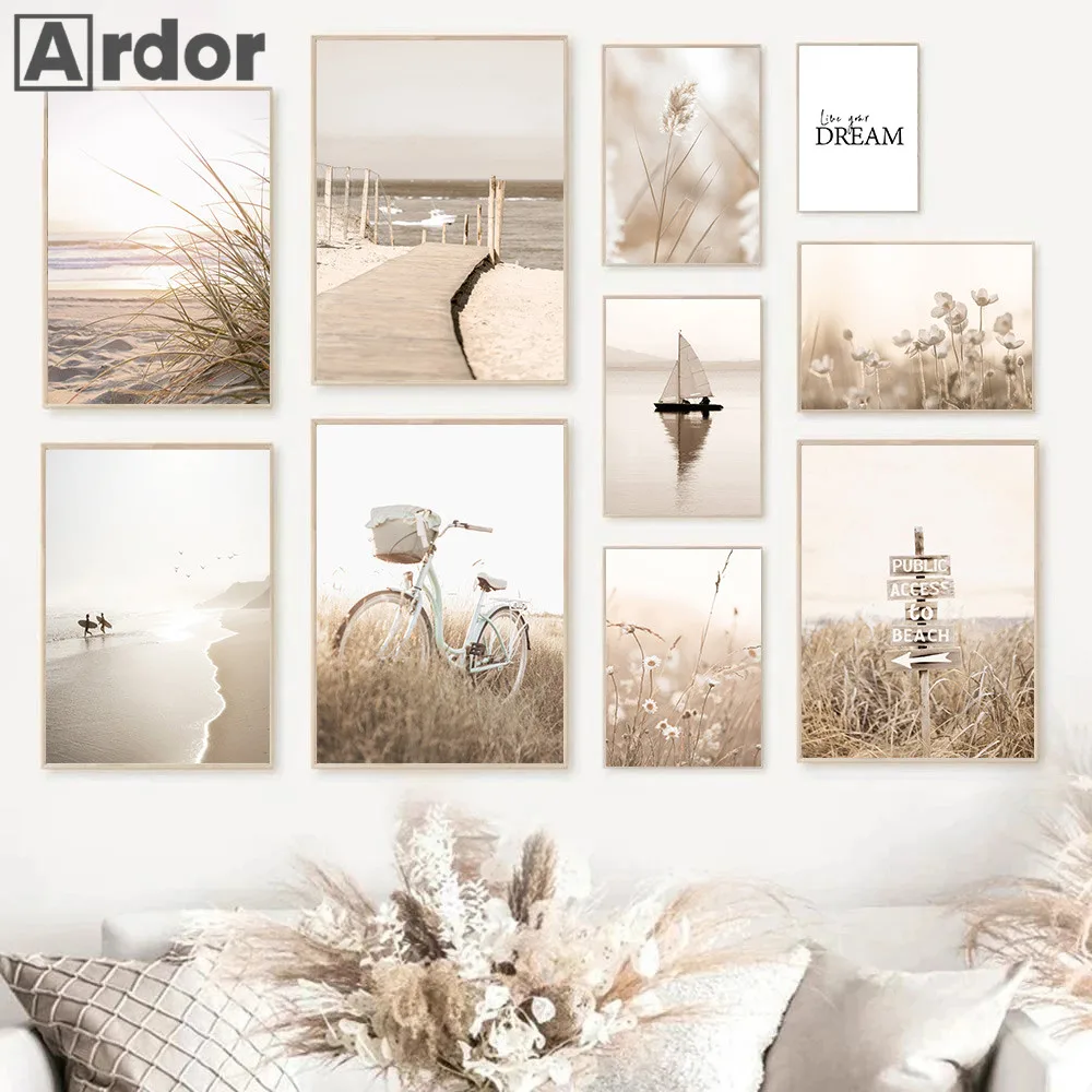 Beach Wall Poster Bike Art Prints Flower Pictures Grass Print Nordic Posters Bedroom Decor Beige Landscape Canvas Painting