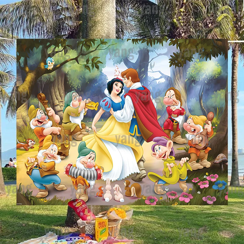 Cute Snow White Princess Seven Dwarfs Disney Forest Backdrop Background Support Customize Party Cloth Baby Shower Kids Birthday