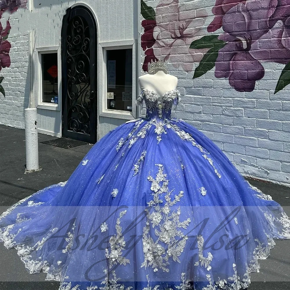 AA879 personalizado azul mexicano dulce 16 Vestido para quinceañeras Vestido De xv Anos Floral tren De barrido graduación Vestido De fiesta De cumpleaños 15 14