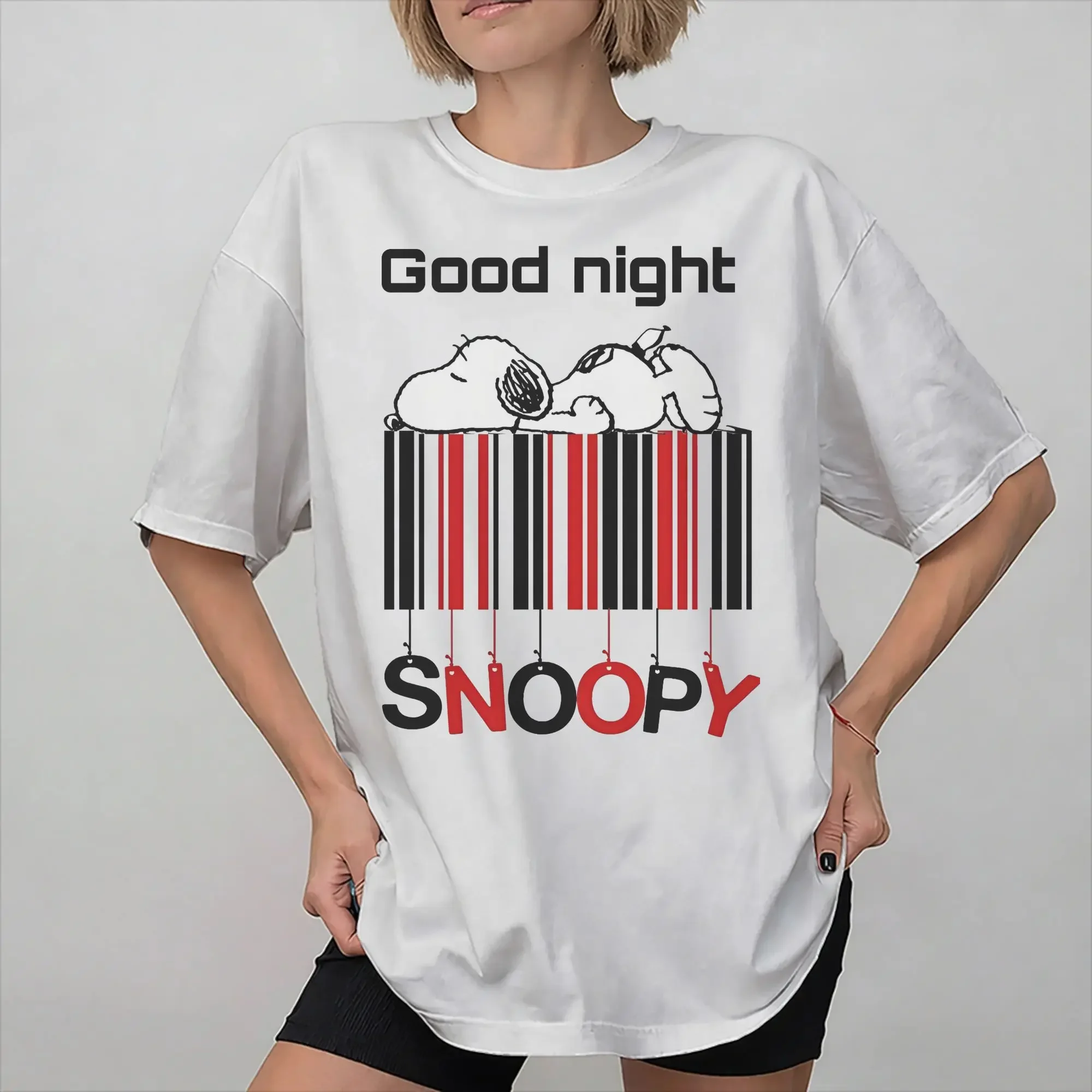Grafikdruck, Snoopy-Cartoon-Hund-Motiv, T-Shirt für Damen, Herren und Kinder, aus reiner Baumwolle, kurzärmeliges Kleidungsstück. – Detail 9
