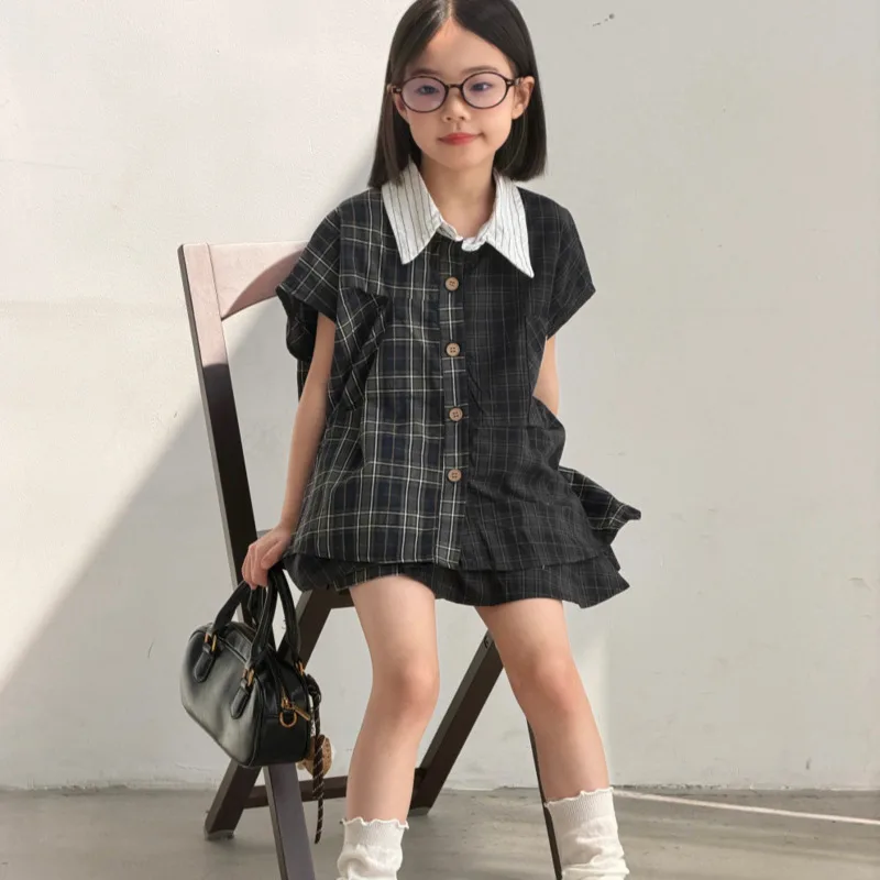 26 Spring Summer Girls' Korean-style Cotton Plaid Shirt Skirt 2piece Set Unique Children Big Kids Clothes 3-16 Years Outfit