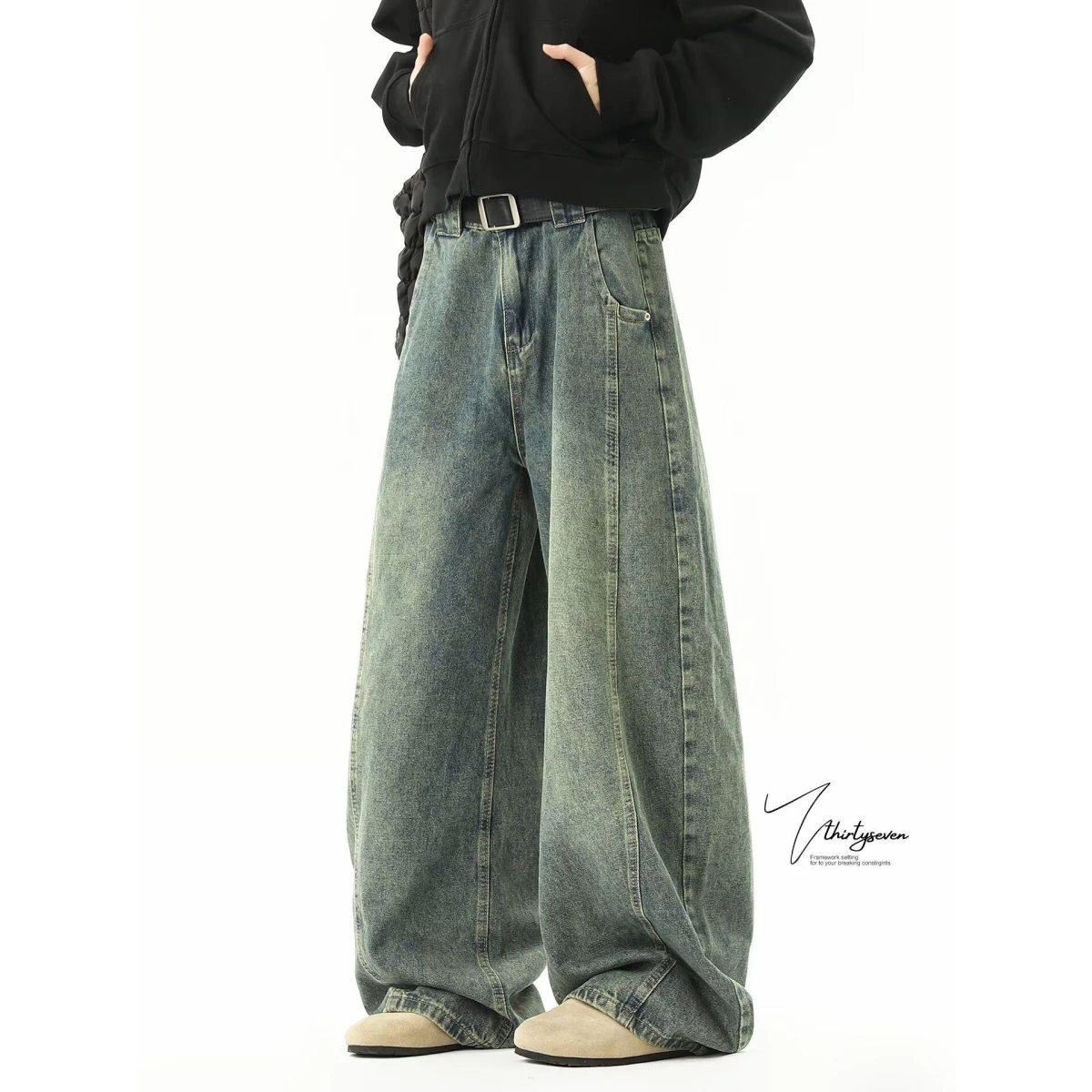 

American Retro Washed Loose Straight Leg Men's Jeans High Street Trendy Brand Cleanfit Wide Leg Casual Long Pants