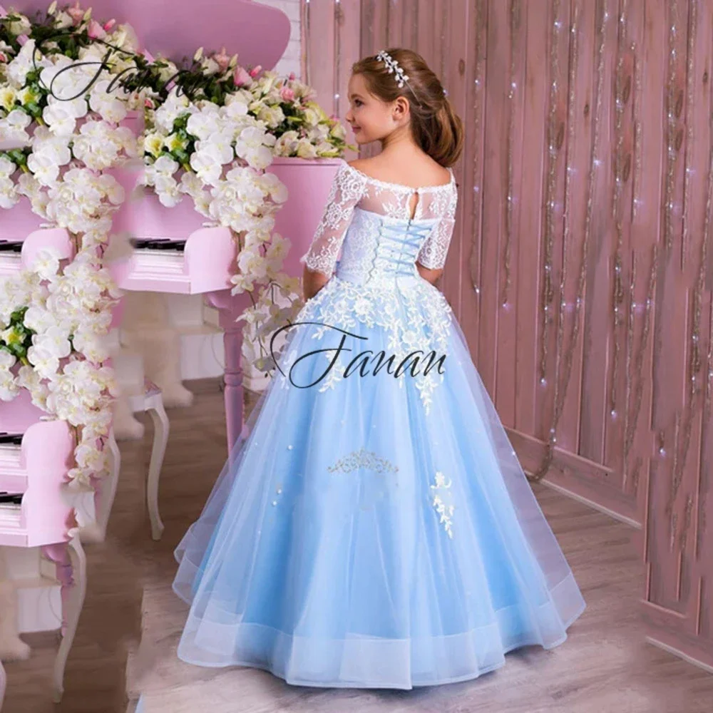 Personalizado requintado barco pescoço vestidos da menina de flor até o chão apliques primeira comunhão rosa verde manga curta aniversário do bebê