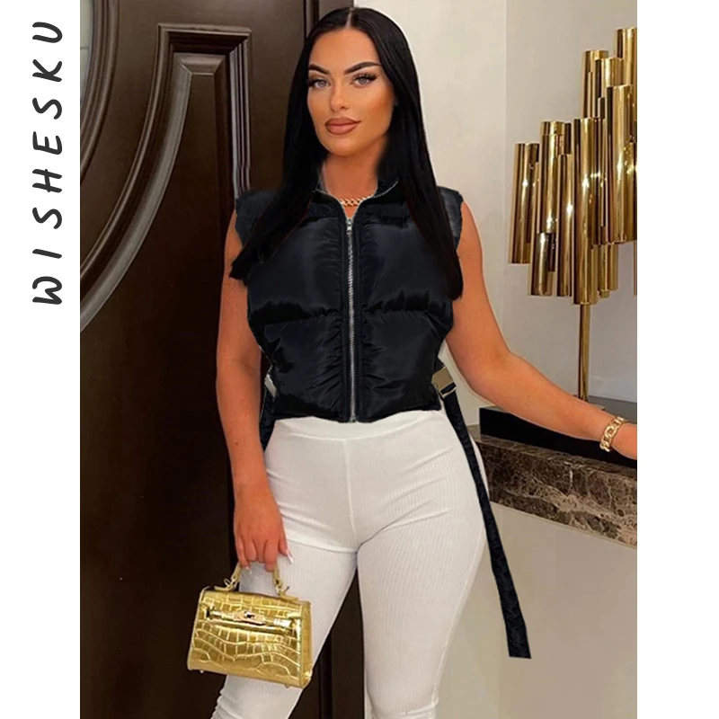

Women Stand Collar Sleeveless Cropped Jackets Cotton Padded Bandage Zipper Casual Wastcoats 2023 Fall Winter Warm Y2K Clothes