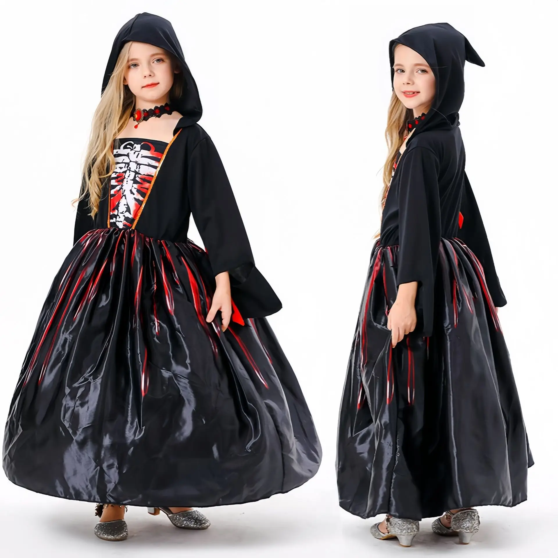 Halloween Kids Heks Skelet Kostuum Cosplay Meisjes Prinsessenjurken Met Ketting Skull Party Outfit Carnaval Tovenaar Rollenspel