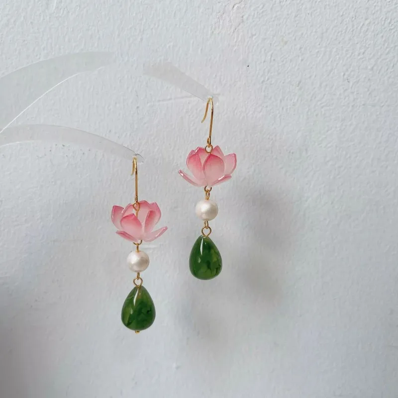 Unique Lotus Flower Drop Earrings Women Elegant Pink Lotus Earrings Chinese Style Statement Jewelry Wholesale Custom Packaging view 5