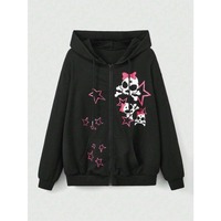 Sweet Pink Stars & Skulls Printed Zipper Hoodie Women Comfortable Warm Fleece Loose Clothing Casual Street Female Sportswears