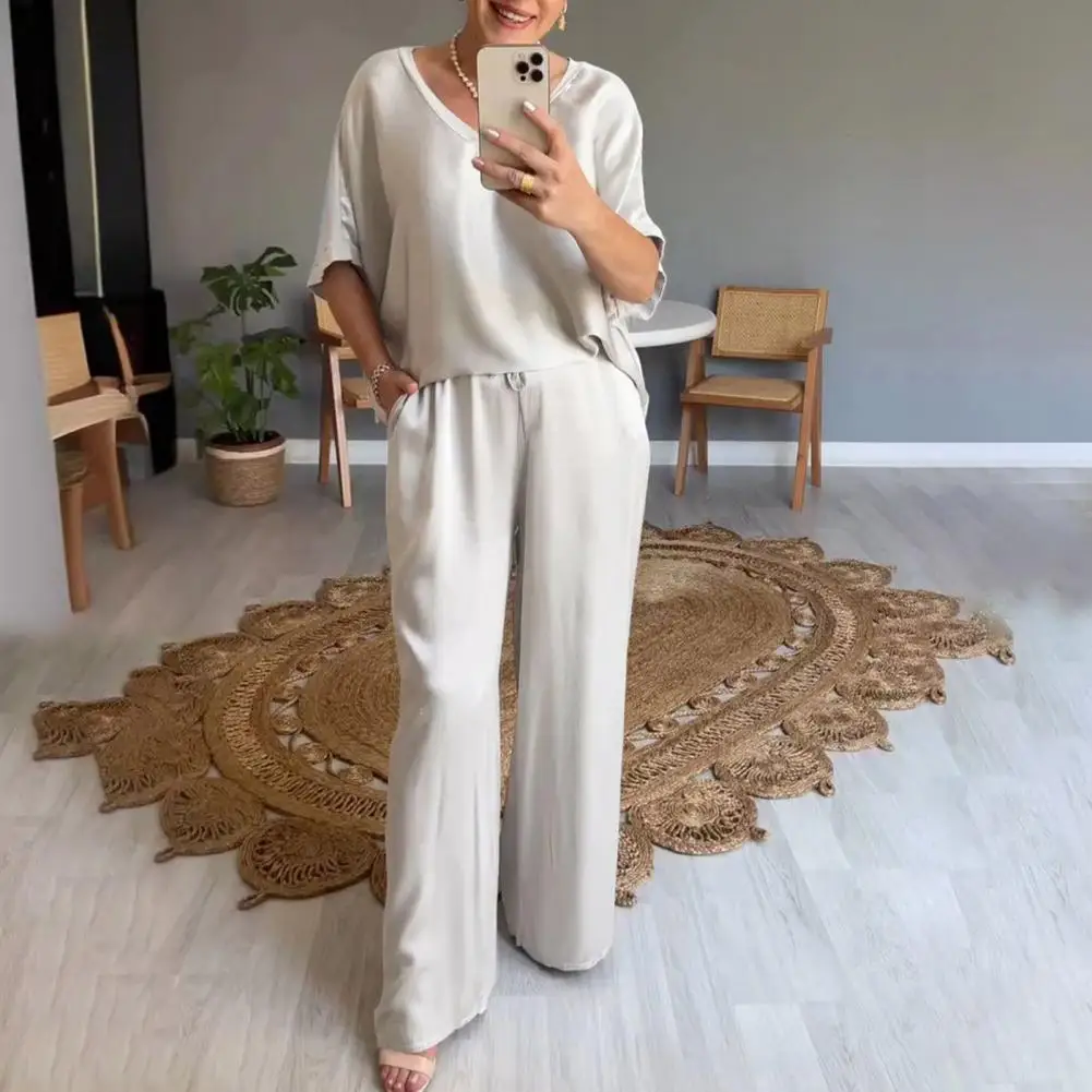 Two-piece Summer Suit Chic Women's Satin T-shirt Pants Set V Neck Top Wide Leg Trousers Stylish Ol Commute Homewear Outfit Loose