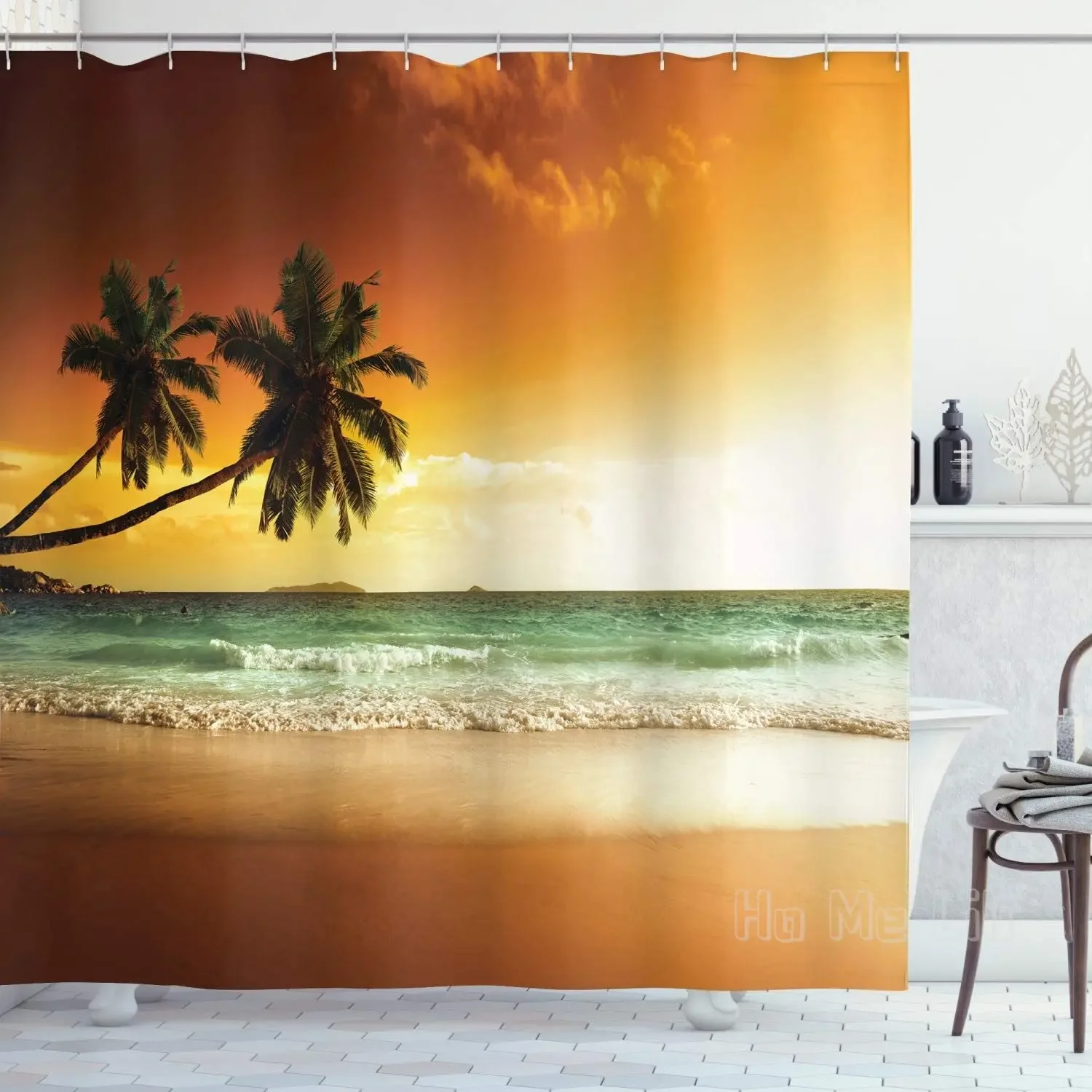 Tropical Shower Curtain Palm Trees Over Wavy Ocean Sandy Beach And Dramatic Sky Exotic Vacation Bathroom Decor