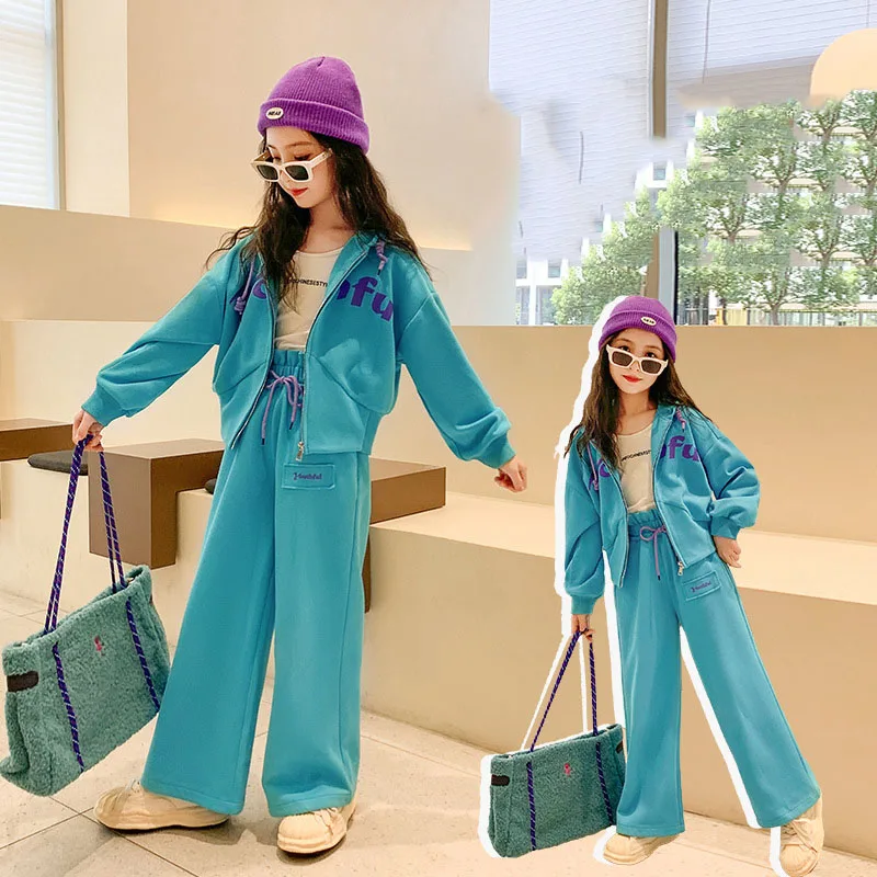 2024 Korean Spring Autumn Children Tracksuit Junior Girl letter Versatile Outwearcoat Elementary Girl Wide-leg Pants Kids Outfit