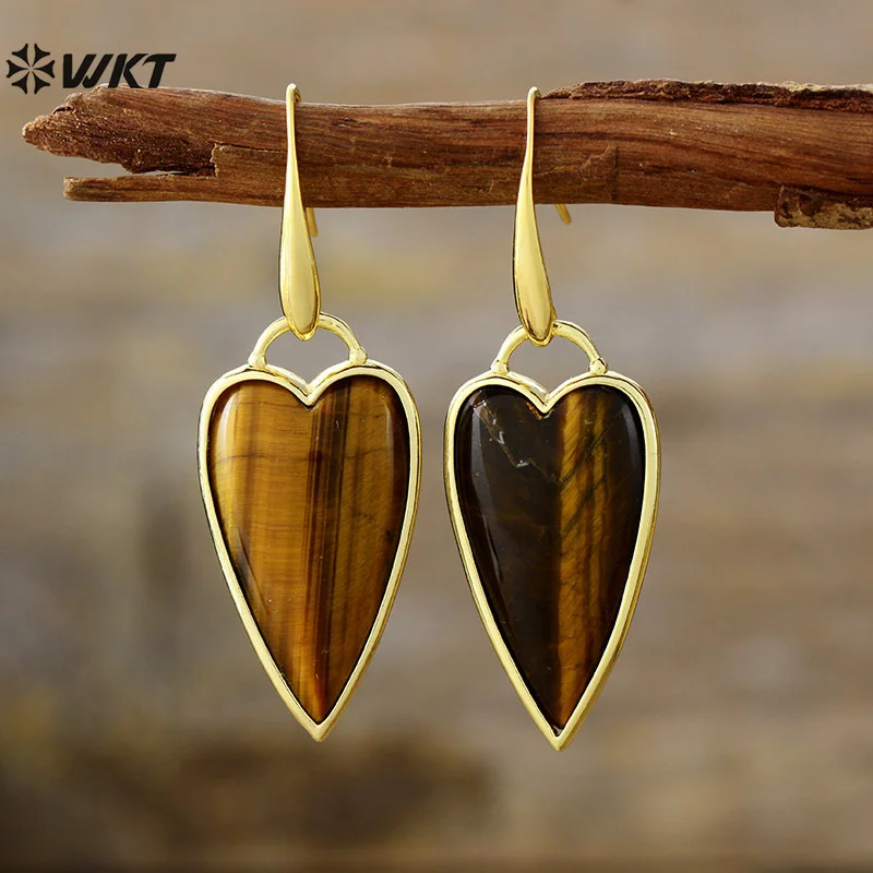 WT-E784 พิเศษยาว Heartshape Design หินธรรมชาติคริสตัลสีชมพูและ Tiger Eye 18k Gold Plated Hook ต่างหูผู้หญิง