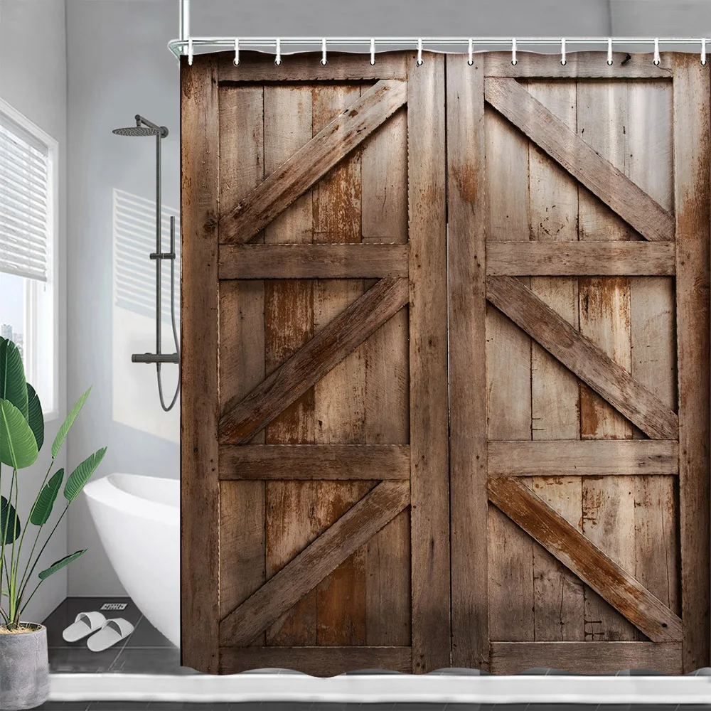 Rustic Farm Barn Door Shower Curtains Vintage Wood Plank Wheel Sunflower Polyester Fabric Bathroom Decor Bath Curtain with Hooks