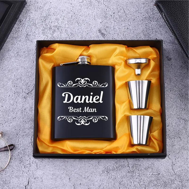 Personalized Flask 6oz Hip Flask Stainless Steel Engrave Flask Best Man Groom Gift White Box Packing Wedding Customized Logo