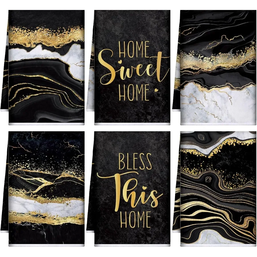 

6 Pcs Black and Gold Kitchen Towels Marble Dish Hand Towels Farmhouse Absorbent Tea Washcloths for Bathroom Kitchen Decor Chris
