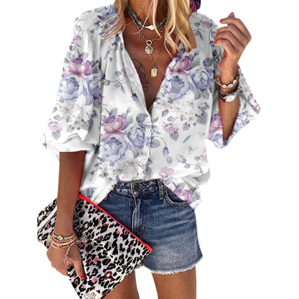 

Spring Summer Floral Print Shirts Fashion Vintage Women Office Blouse Loose Casual Tops Cardigan Holiday Clothing Elegant Blusa