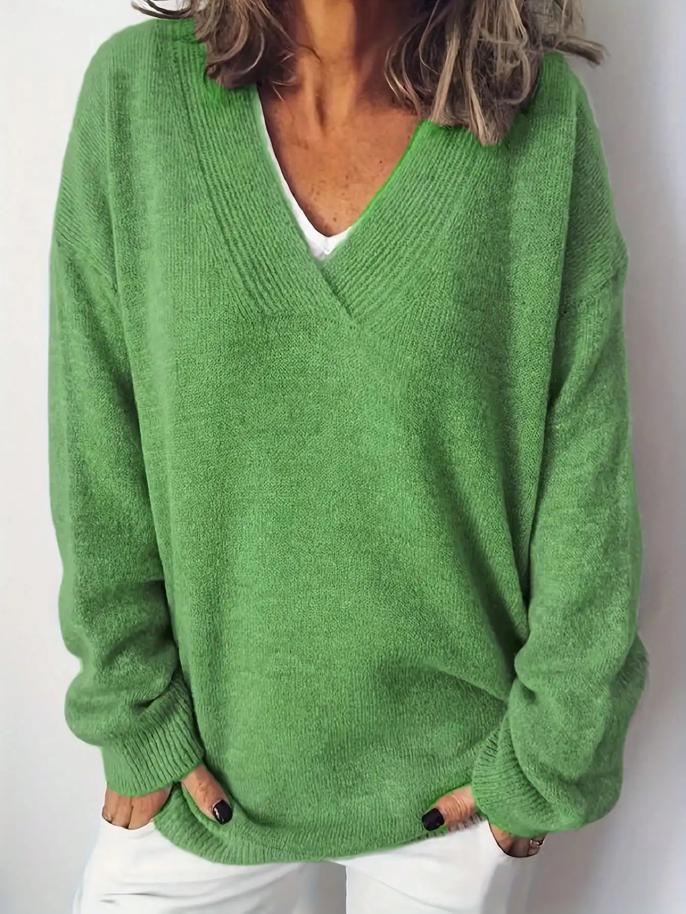 Herbst Winter Täglicher Casual Damen Übergröße V-Ausschnitt Langarm Pullover – Detail 3