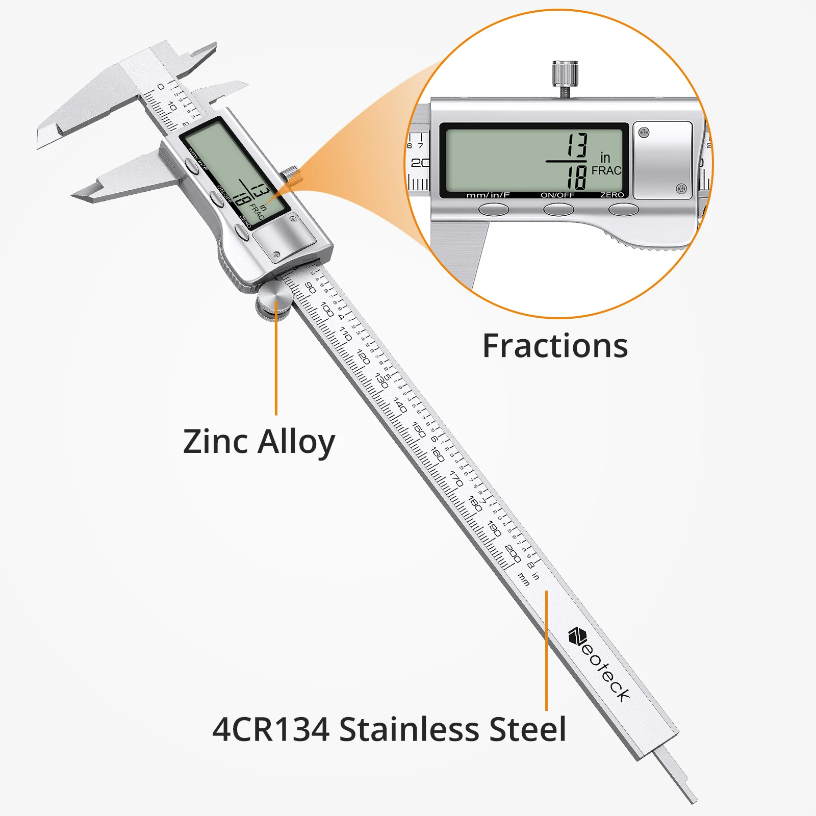 Digital Vernier Caliper 200mm Stainless Steel Electronic Caliper Fractions/Inch/Metric Conversion Measuring Tool For Width Depth