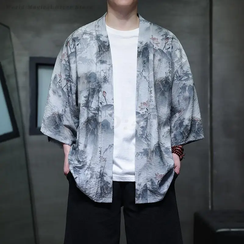 

Plus Size 5XL Men's Kimono Cardigan Coat Print Kimonos Yukata Haori Harajuku Samurai Costume Jacket Chinese Style Hanfu Shirt