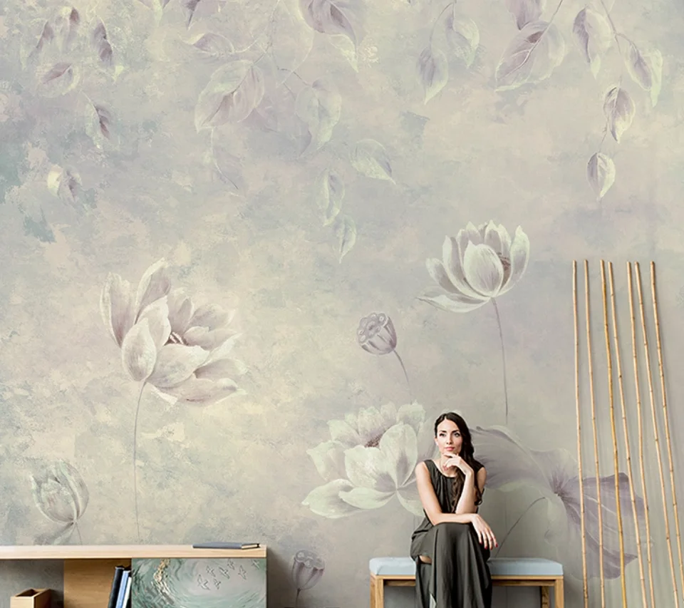 

Новые китайские фрески в виде лотоса, роскошные обои для спальни, гостиной, ТВ-фона, стены, индивидуальное художественное украшение