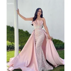 Sansa Elegant Sleeveless Crystal Prom Dress Mermaid Luxury Glitter Evening Dresses Pink Satin Detachable Train Formal Evening