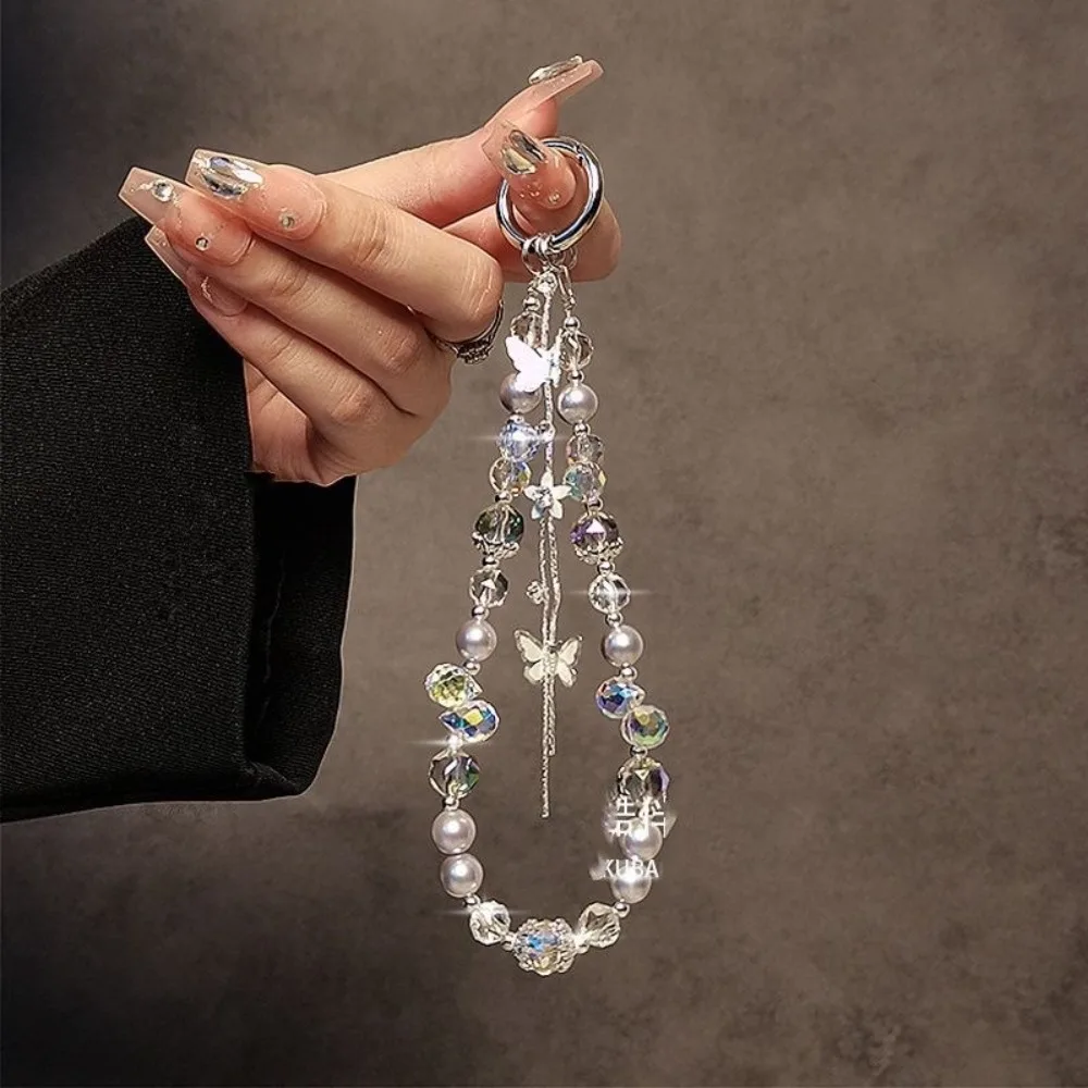 Luxury Sparkle Butterfly Rhinestone Bead Phone Bracelet Strap Charm Chain Knot Cellphone Lanyard Keychain Bag Camera Keychain Pe