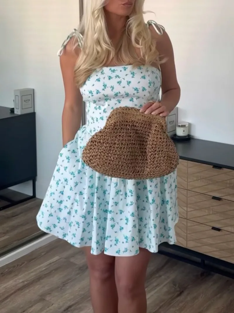 

2025 Spring New Strapless Backless Mini Beach Dress for Women Fashion Women Sleeveless Simple Flower Printed Vintage Short Dress
