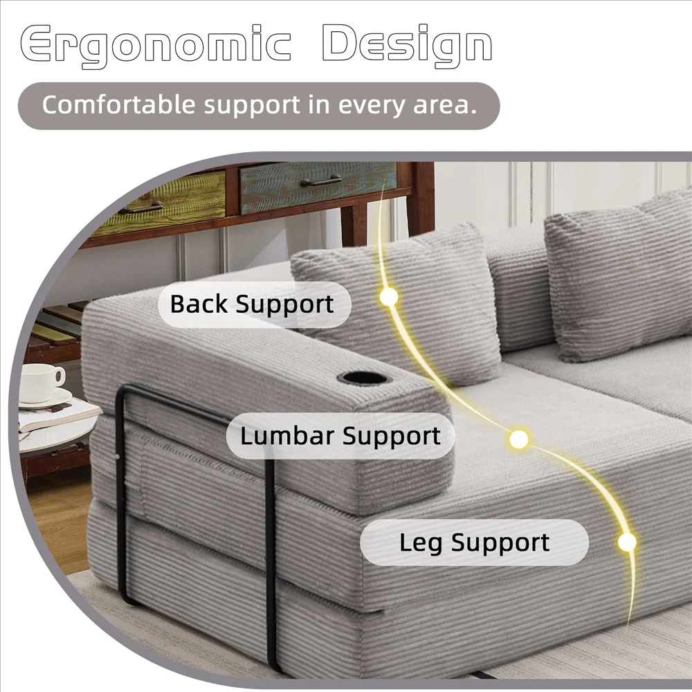 Modernes Frei Kombinierbares Modulares Ecksofa Olivgrüner Cord Convertible Couch mit Getränkehaltern Platzsparende Möbel – Detail 8