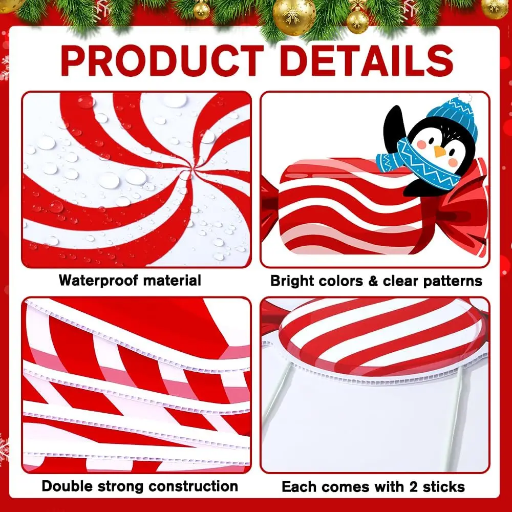 12pcs Christmas Candy Yard sign, Santa Reindeer Penguin Bear Xmas Yard Candy Garden Decor Stakes with Waterproof Corrugated Card