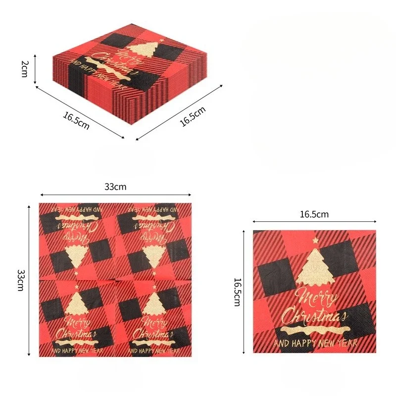 20pcs 33cm 2Layer Christmas Element Grid Printed Napkins Party Atmosphere Paper Disposable Meal Mat DIY Decoupage Paper