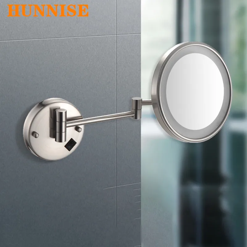 

Brushed Nickel Bathroom Mirror Quality Brass Dual Arm Extend Folding Bathroom Mirrors Wall Mounted Magnifying LED Makeup Mirrors