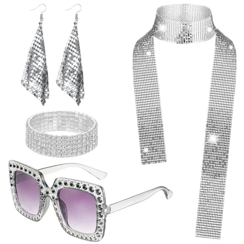 R1WE – ensemble déguisements Disco des années 70, chapeau scintillant, lunettes soleil longue écharpe,