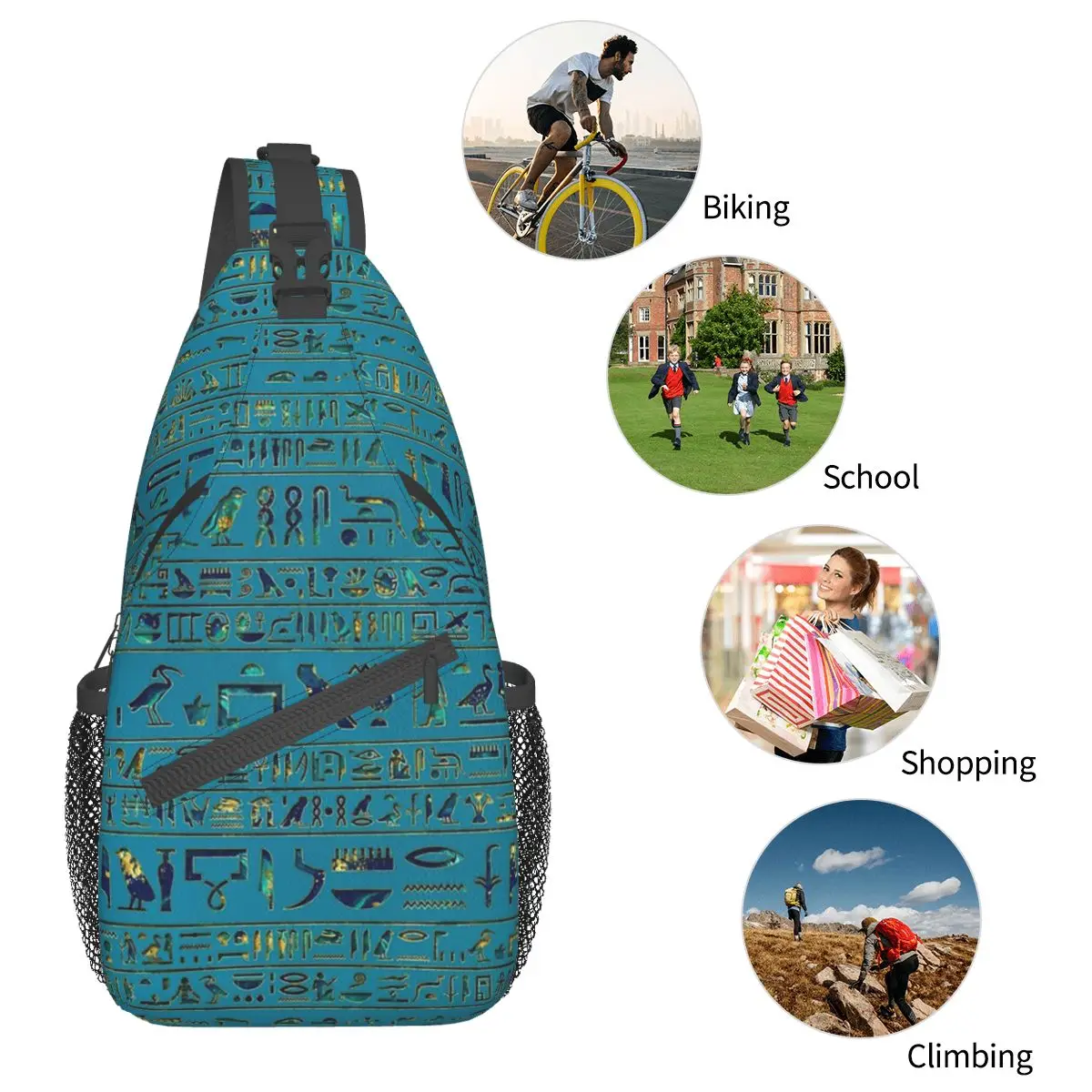 Borsa a tracolla a tracolla in pelle Teal Hieroglyphs egiziana borsa a tracolla piccola zaino a tracolla orientale Daypack per viaggi escursionismo sport