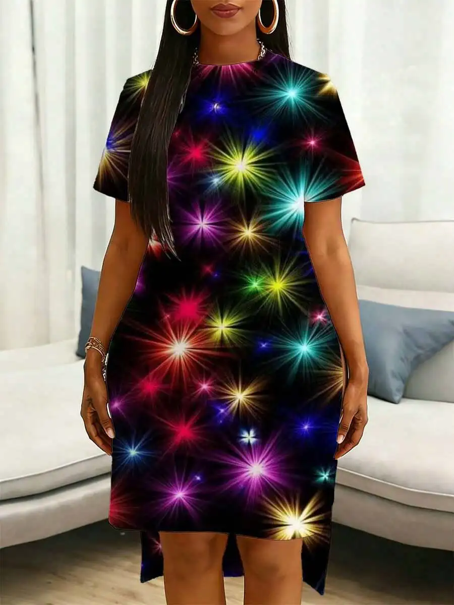 

Colorful Star Print Bodycon Dress With High Slit For Party Festival Night Out