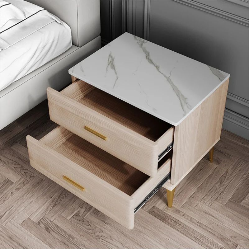 Modern Style Solid Wood Bedside Table with 2 Drawers Leather Bedroom Nightstands with Sintered Stone Top Mini Storage Cabinet