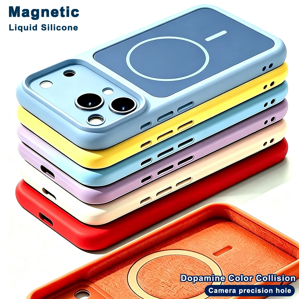 Magnetic Liquid Silicone Case For Iphone 18 16 15 14 13 12 17 Pro Max Magsafe Magnet Cover Collision Color Lens Precision Hole