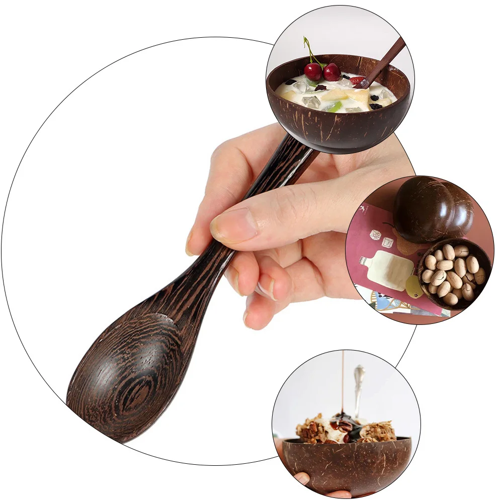 

With Spoon Natural Salad Bowl For Dessert Fruit Lightweight Coconut Bowl With Spoon Camping Kitchen Tableware Set