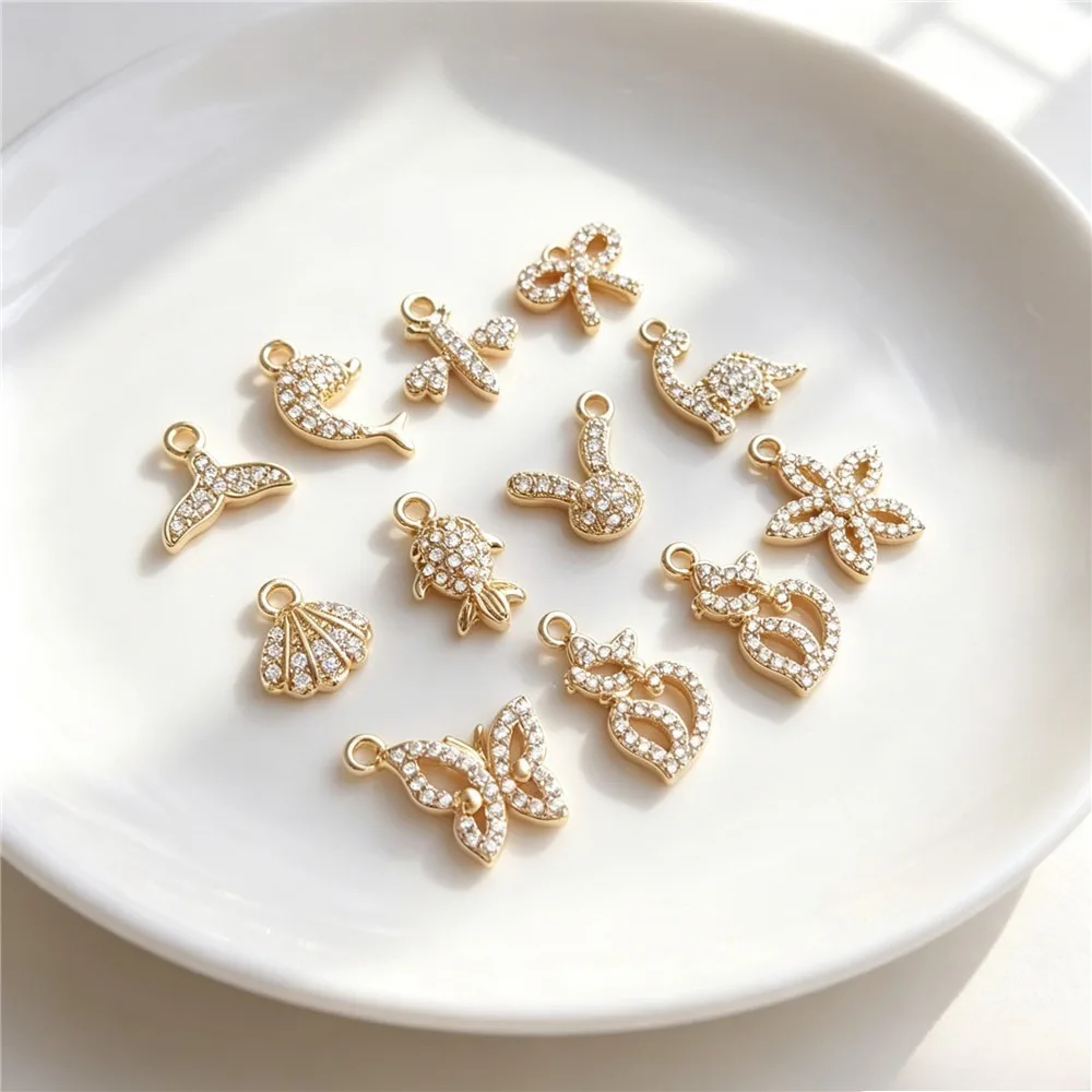 14K Gold Plated Micro Pave Zircon Mini Charms, Ocean Animal Series, Mermaid Tail, Bee, Butterfly, Cat DIY Jewelry Pendants