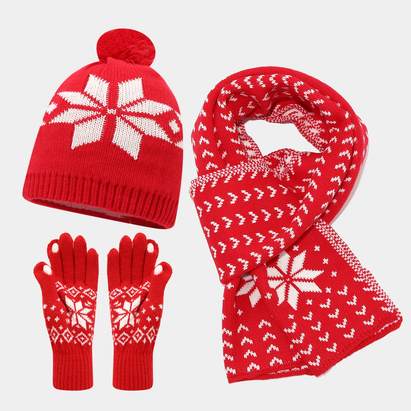 

Christmas Knitted Hat Scarf Gloves Set Warm Anti-Cold Unisex Snowflake Pattern Fashionable Casual Style Winter Outfit