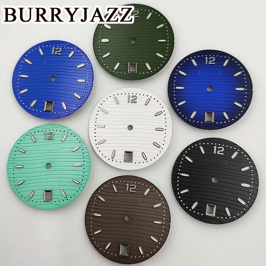 BURRYJAZZ 30.5mm No Logo NH35 Watch Dials Black Blue White Green Brown Dial Green Luminous Fit 3 O'clock Case Crown