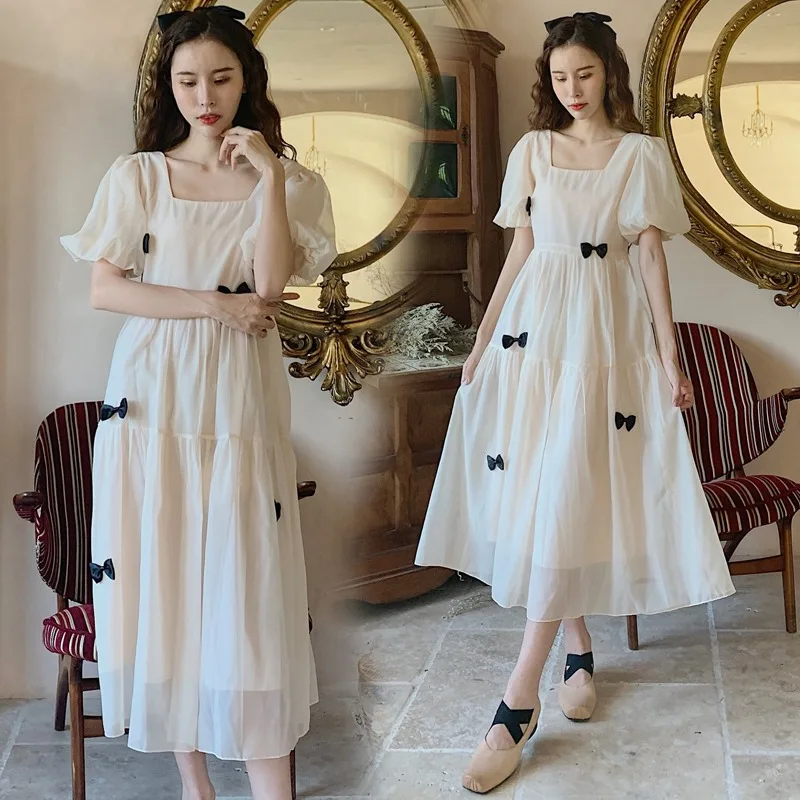 2024 Summer Maternity Mesh Dress Sweet Puff Sleeve Square Collar Princess Dress with Bowknots Pregnant Woman Party Dress Beige