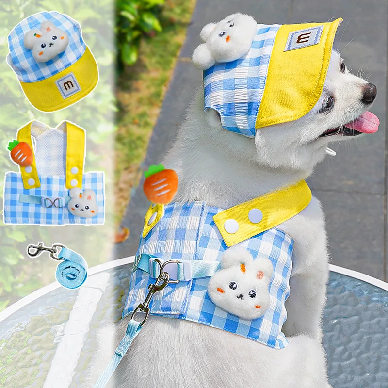 

Cartoon 3pcs York Dogs Harness Leash Set All Season Unisex Cute Outdoor Pet Accessories Sunscreen Cap Small Puppy Vest Traction