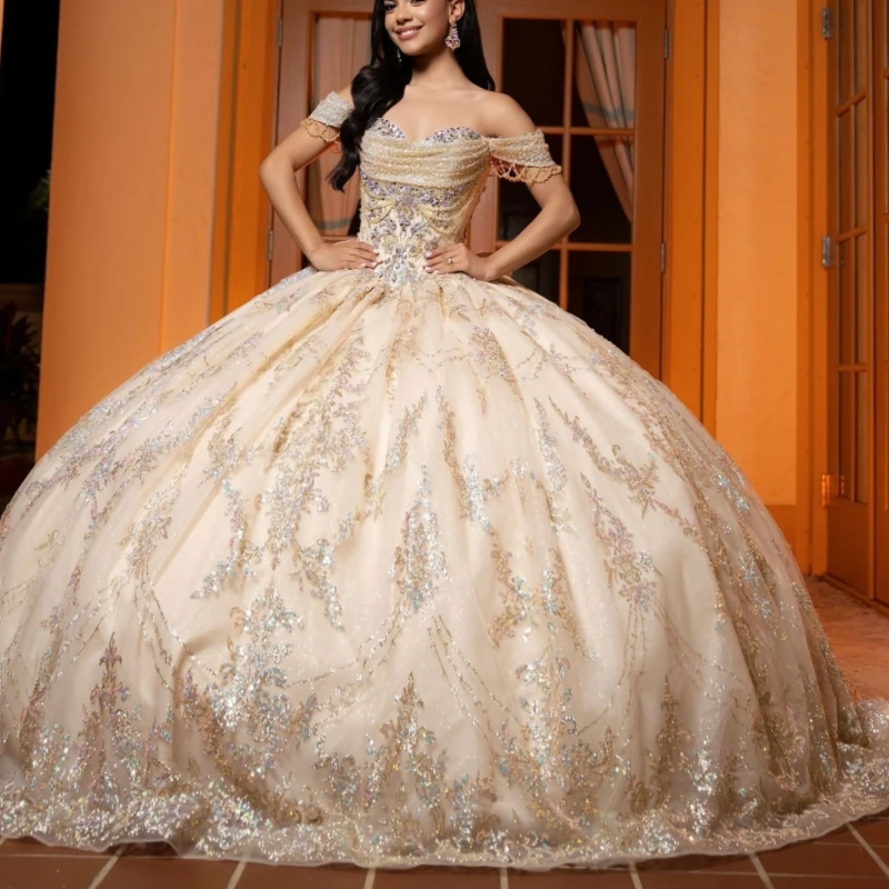 Champagne Glitter Quinceanera Dresses Off Shoulder Ball Gown Sweet 16 Dress Sequin Applique Beads Bow Tull Corset Party Birthday