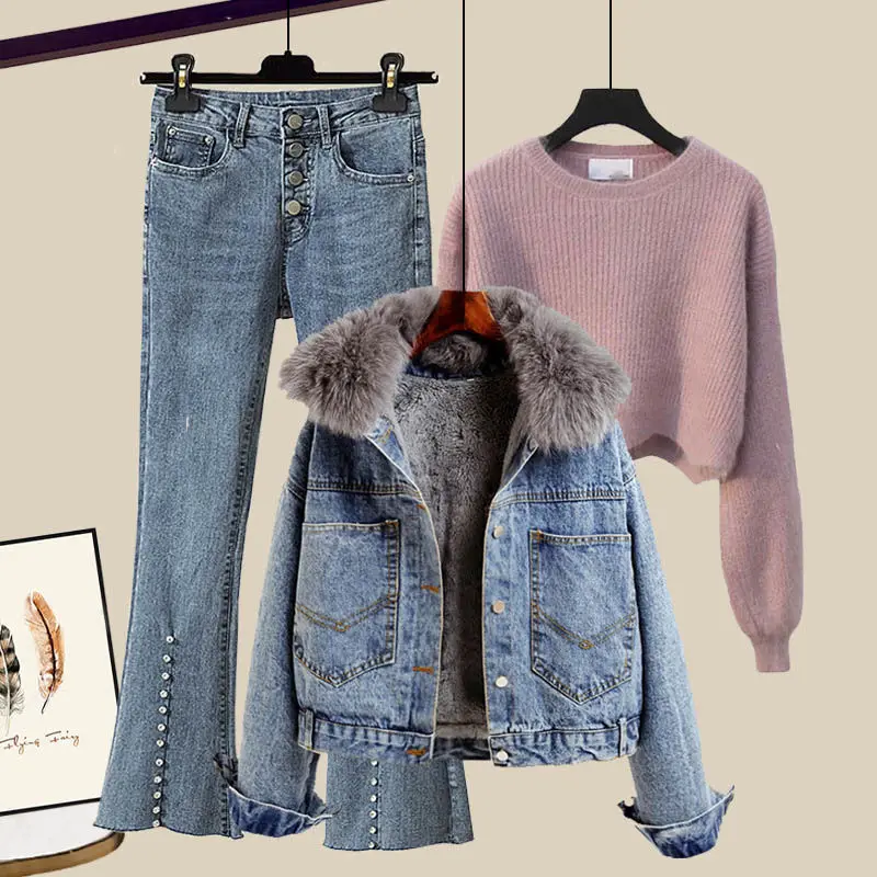 

Women Winter Warm Y2K Denim Pant Suit Jacket Coat Sweater And Jean Three Piece Set Outfit Outwear Clothing Thicken Tracksuit