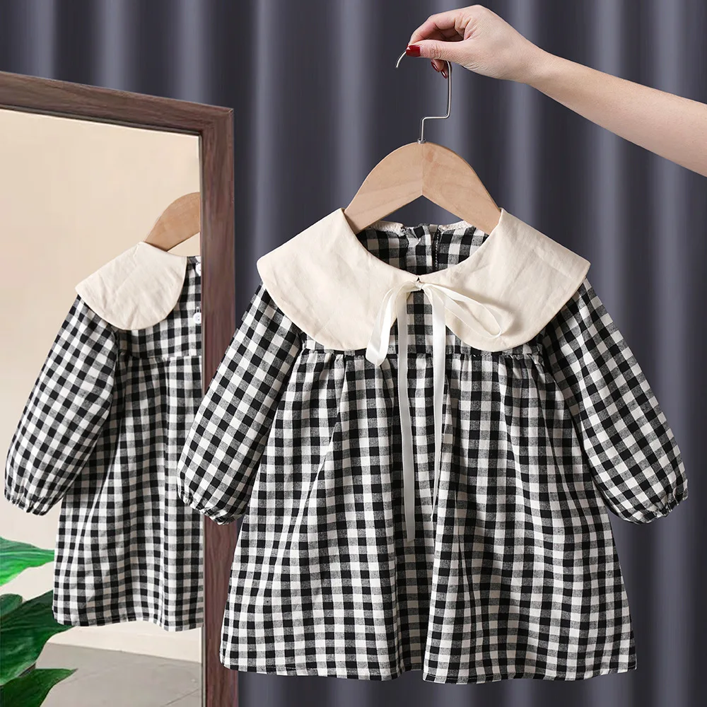 Girls Doll Collar Plaid Dress 2024 Autumn New Children's Korean Version Fashion Medium Children's New Style Princess Dress