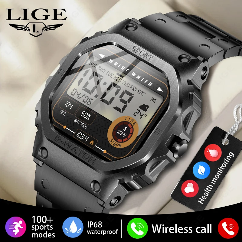 LIGE Men Smart Watch 1.57-inch Anti-fall Waterproof Bluetooth Call Men Bracelet Health Monitor Music Control Smartwatch 2024