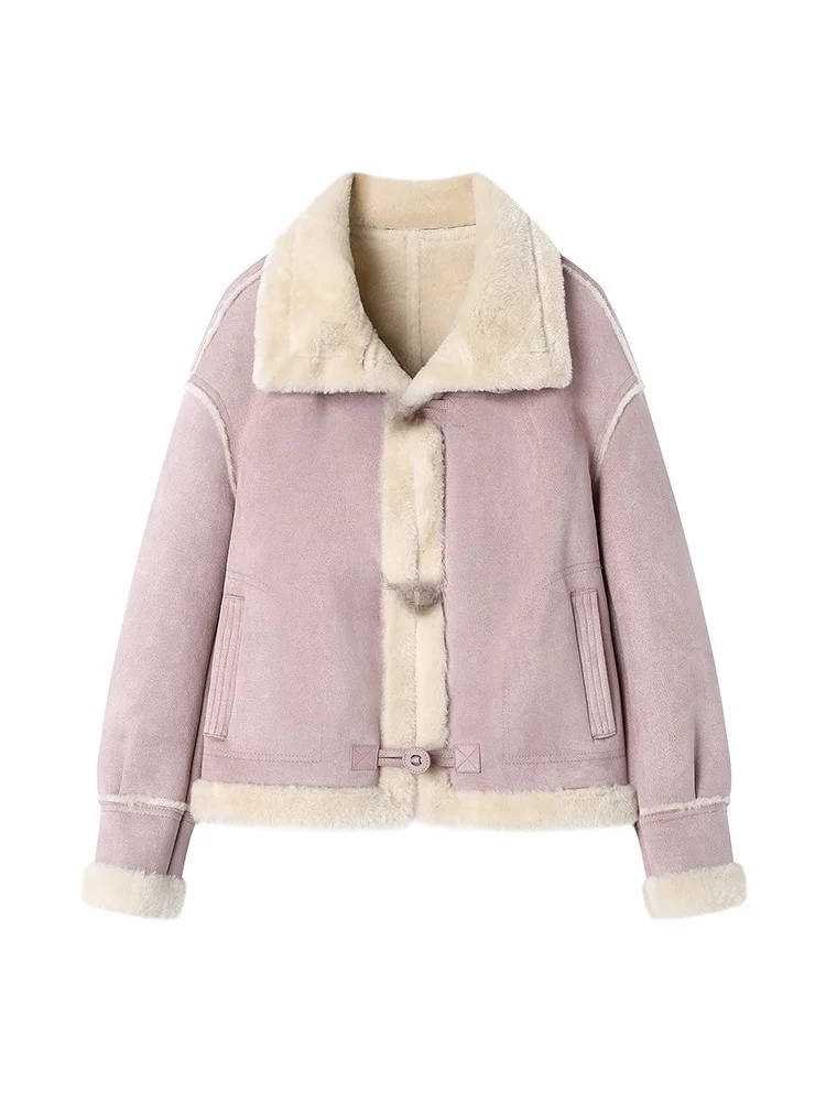 เสื้อโค้ทขนเฟอร์เทียมแบบเย็บต่อผ้ากำมะหยี่หนังกลับแฟชั่นสำหรับผู้หญิง สไตล์เรโทร หนังและขนเฟอร์ผสมผสาน เหมาะสำหรับใส่เดินทาง แขนยาว