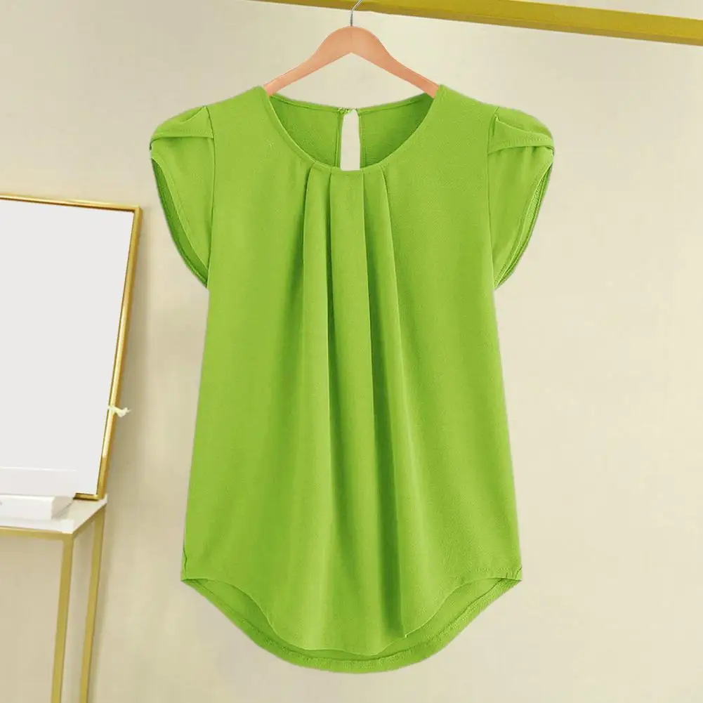 Women Spring Tops Stylish Women\'s Summer Tops Petal Sleeve Pleated T-shirt Solid Color Casual Blouse Large Size Elegant