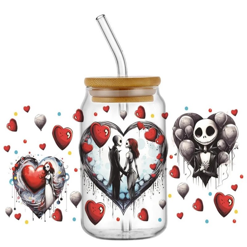 Miniso Jack And Sally UV DTF Cup Wrap for 16oz Libbey Glass Sticker Can Tumbler Transfer for Cup Wraps Libbey