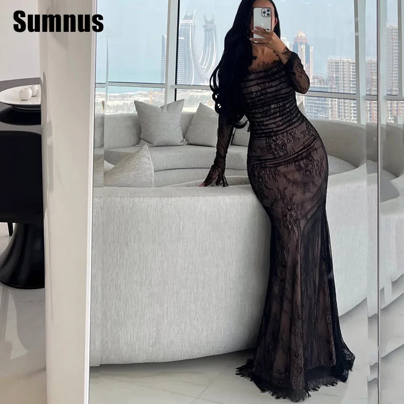 

SUMNUS Lace Black Mermaid Prom Dress Elegant Long Sleeves Evening Dresses Floor-Length Contrast Color Formal Gowns Customized