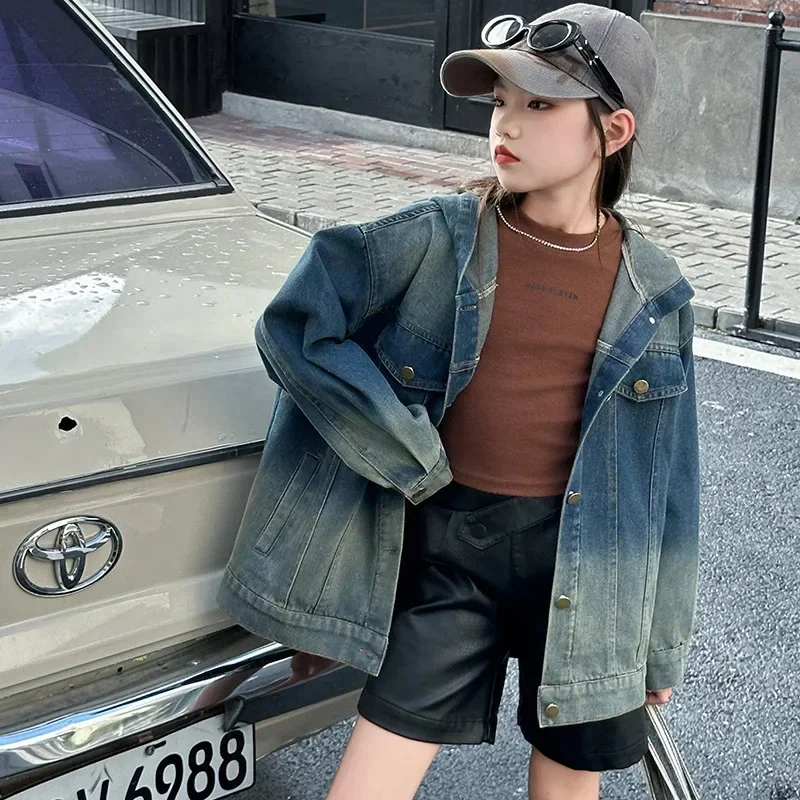 

Jacket Gradient Denim for Girls Spring Autumn Blue Fashion Streetwear Teenager School Kids Outerwear Casual Loose Hooded Coats